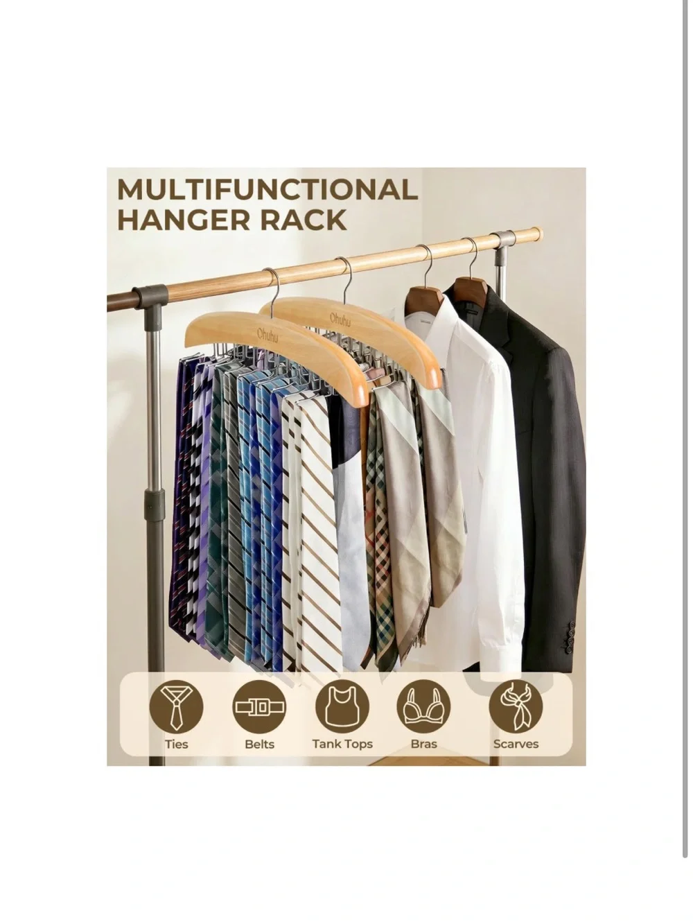 Wooden Multi-Tie & Scarf Hanger in Natural Brown